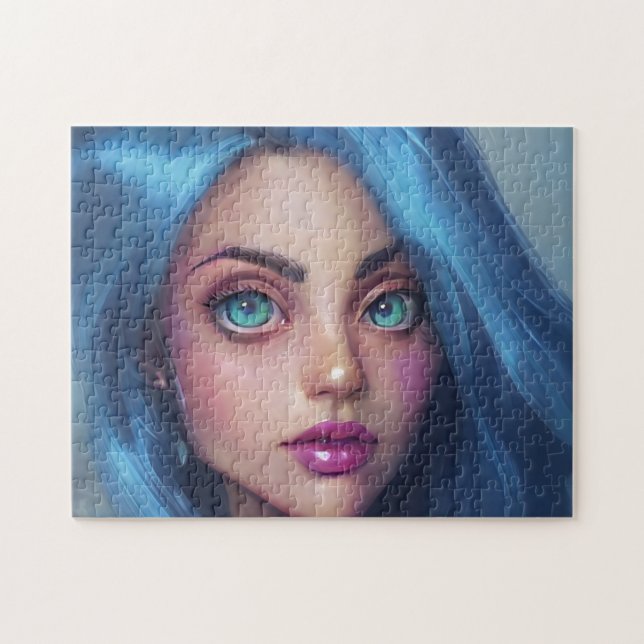 Portrait Blue Hair Green Eyes Smile Young Woman  Jigsaw Puzzle (Horizontal)