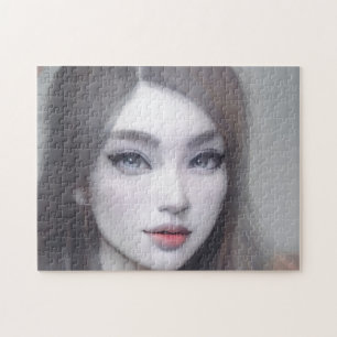 Portrait Brown Eyes Hair Lips Young Woman Jigsaw Puzzle