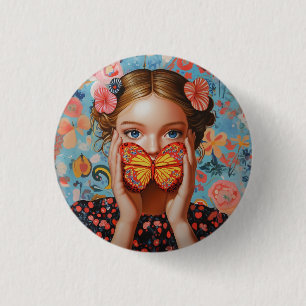Portrait Butterfly Girl in a Floral Wonderland 1 Inch Round Button