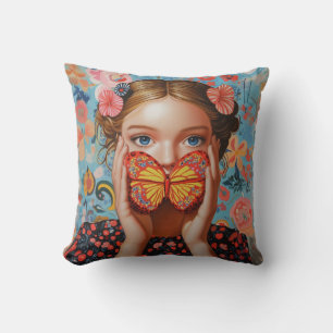 Portrait Butterfly Girl  in a Floral Wonderland Throw Pillow