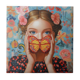Portrait Butterfly Girl  in a Floral Wonderland Tile