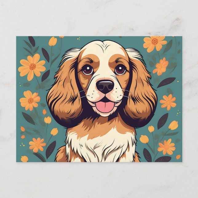 Portrait Cocker Dog And Floral Postcard (Front)