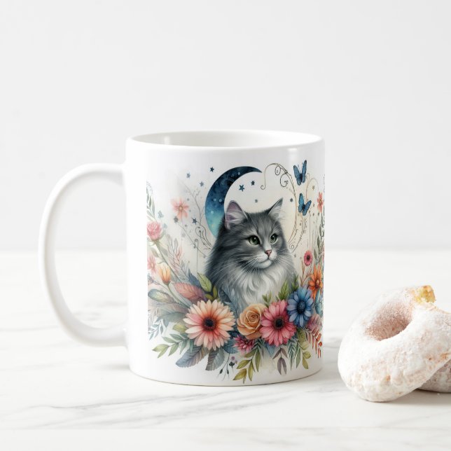 Portrait de chat assez gris avec Mug de fleurs (Avec donut)