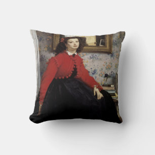 Portrait de Jeune Femme en Veste Rouge Throw Pillow