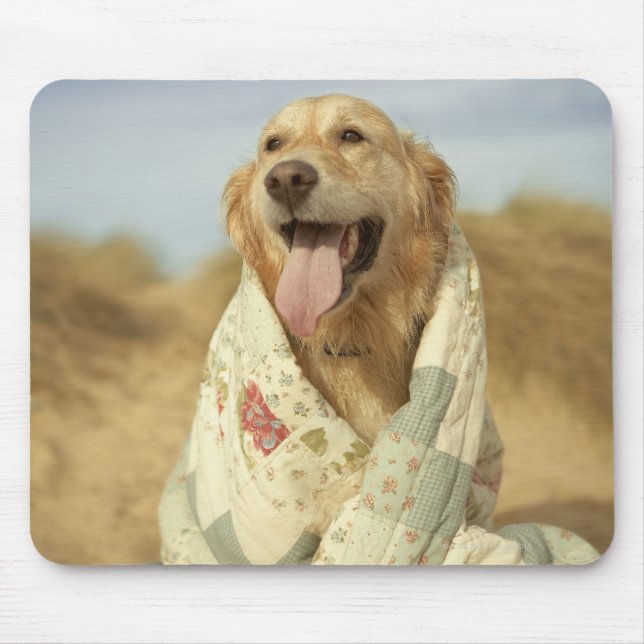 Portrait dog on beach under quilt. Fall Mouse Pad (Front)