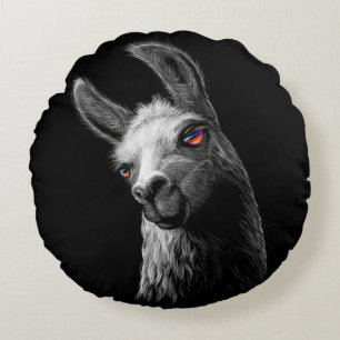 Portrait Head Cute Llama On Black Background  Round Pillow