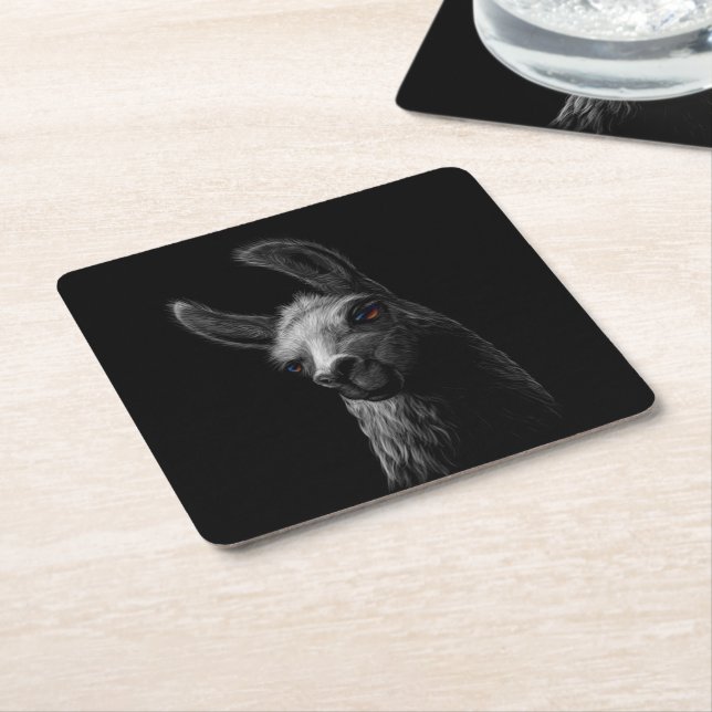 Portrait Head Cute Llama with a Black Background Square Paper Coaster (Angled)