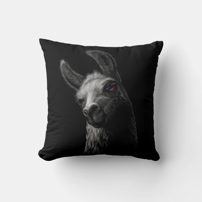Portrait Head Cute Llama with a Black Background  Throw Pillow (Front)