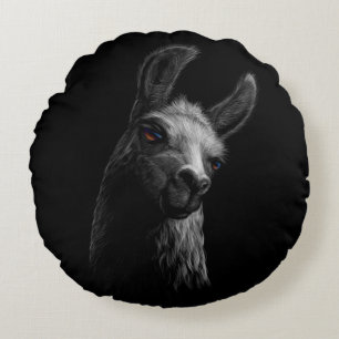 Portrait Head Cute Llama with Black Background Round Pillow