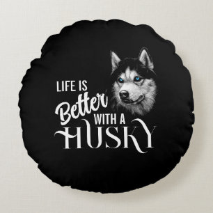 Portrait Head Siberian Husky With Blue Eyes  Round Pillow