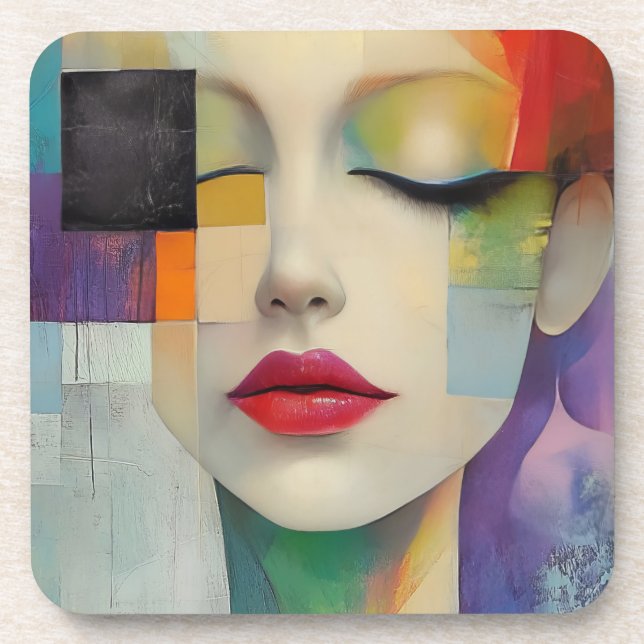 Portrait in Colour Block Surrealism  Coaster (Front)