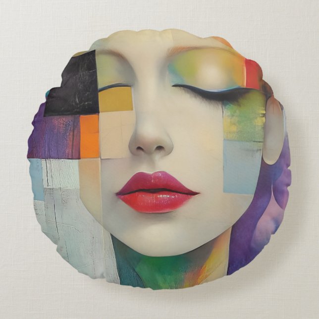 Portrait in Colour Block Surrealism  Round Pillow (Front)