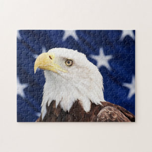 Portrait of a bald eagle with the american flag jigsaw puzzle