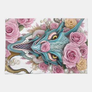 Portrait of a beautiful whimsical pink dragon head kitchen towel