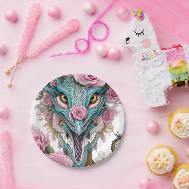 Portrait of a beautiful whimsical pink dragon head paper plate (Party)