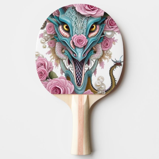 Portrait of a beautiful whimsical pink dragon head ping pong paddle (Front)