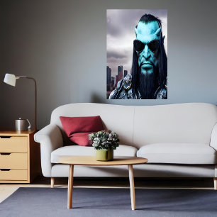 Portrait of a blue alien with sunglasses   AI Art Poster