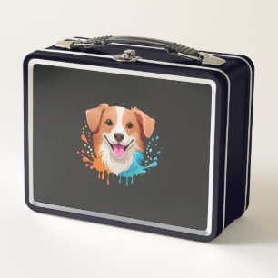 Portrait of a cute dog with fluid colours dripping metal lunch box