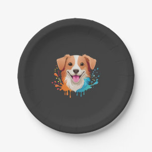 Portrait of a cute dog with fluid colours dripping paper plate