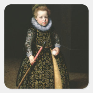 Portrait of a four-year old boy with club and square sticker