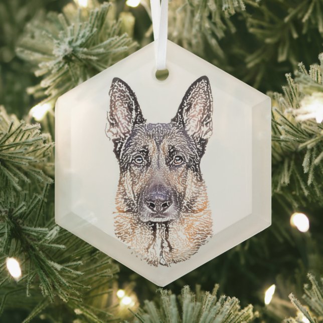 Portrait of a German Shepherd Dog Coloured Sketch Glass Ornament (Insitu)