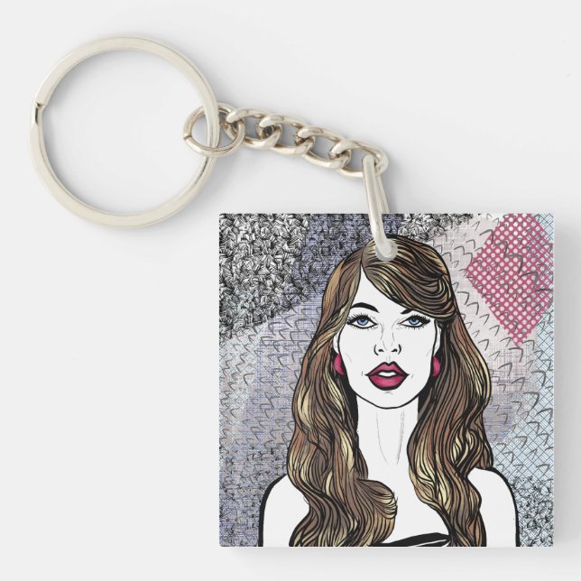 Portrait of a girl with long brown hair keychain (Front)