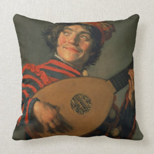 Portrait of a Jester with a Lute (oil on canvas) Throw Pillow