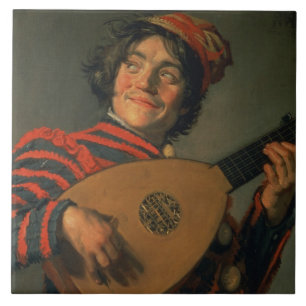 Portrait of a Jester with a Lute (oil on canvas) Tile
