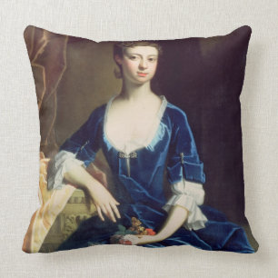 Portrait of a Lady in a Blue Velvet Dress (oil on Throw Pillow