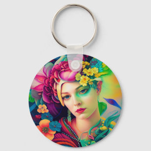 Portrait of a Woman Adorned with Flowers Keychain
