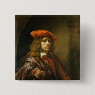 Portrait of a young man in a red cap 2 inch square button