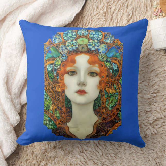 Portrait of Beautiful Woman in Stained Glass Style Throw Pillow (Blanket)