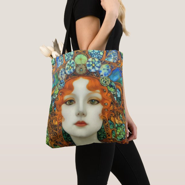 Portrait of Beautiful Woman in Stained Glass Style Tote Bag (Close Up)