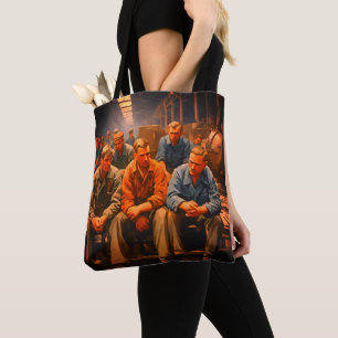 Portrait of depressed workers in a factory tote bag