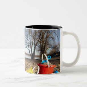 Portrait of dog at beach with sand toys, Ottawa, Two-Tone Coffee Mug