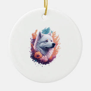 Portrait of Dog - Samoyed Flowers Splash  Ceramic Ornament