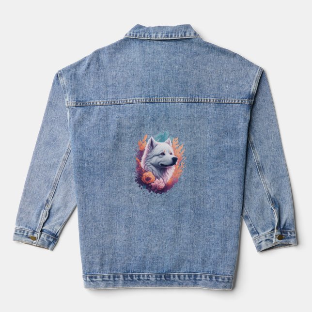 Portrait of Dog - Samoyed Flowers Splash  Denim Jacket (Back)