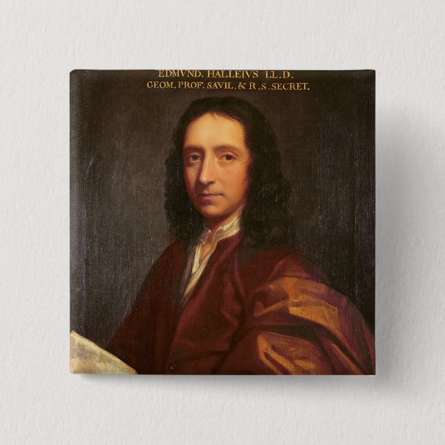 Portrait of Edmond Halley, c.1687 2 Inch Square Button (Front)