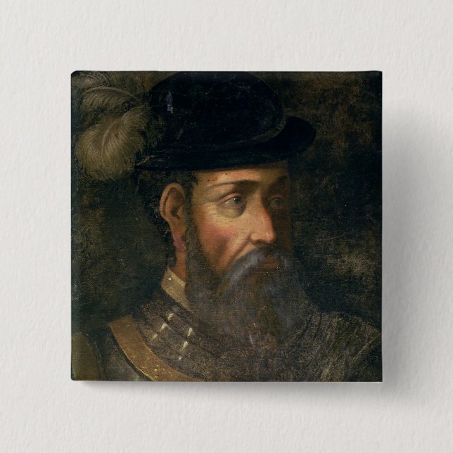 Portrait of Francisco Pizarro (c.1478-1541) Spanis 2 Inch Square Button (Front)