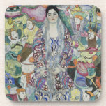 Portrait of Friederike Maria Beer by Gustav Klimt Coaster<br><div class="desc">Portrait of Friederike Maria Beer (1916) by Gustav Klimt is a vintage Victorian Era Symbolism fine art portrait painting. Friederike-Maria requested that Klimt paint her in a Viennese Workshop dress which she wore exclusively. Klimt decided that she should wear her fur coat inside out so that the decorative lining (also...</div>