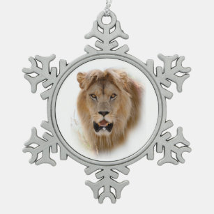 Portrait of lion snowflake pewter christmas ornament