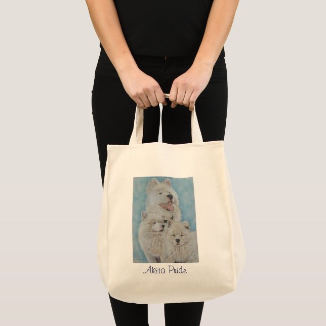 portrait of long coat white akita dog tote bag (Front (Product))