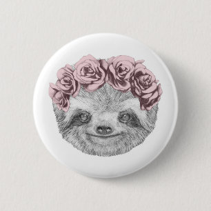 Portrait Of Sloth Floral Head Wreath 2 Inch Round Button