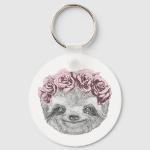 Portrait Of Sloth Floral Head Wreath Keychain