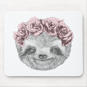 Portrait Of Sloth   Floral Head Wreath Mouse Pad