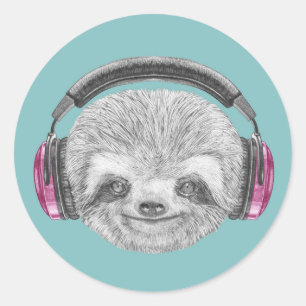 Portrait Of Sloth Wearing Headphones Classic Round Sticker