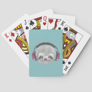 Portrait Of Sloth Wearing Headphones Playing Cards