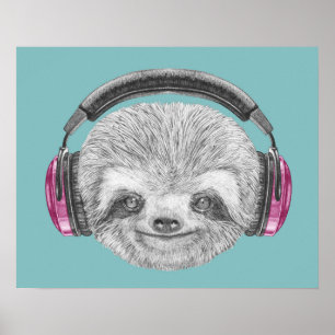 Portrait Of Sloth Wearing Headphones Poster