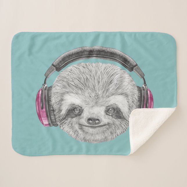 Portrait Of Sloth | Wearing Headphones Sherpa Blanket (Front (Horizontal))