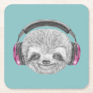 Portrait Of Sloth Wearing Headphones Square Paper Coaster